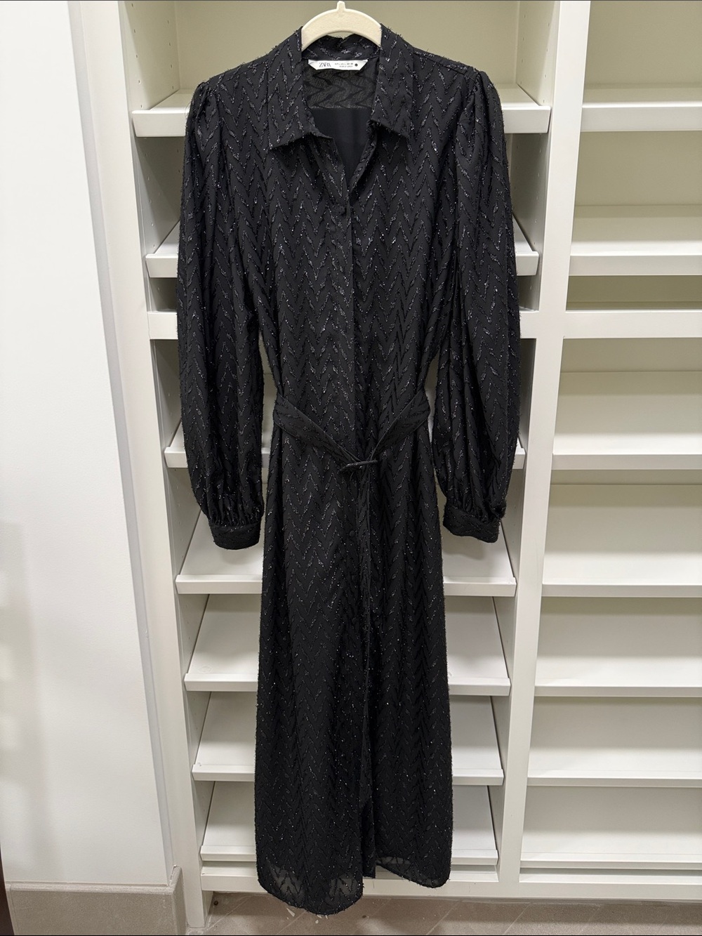 Zara Black Textured Long Sleeve Maxi Dress with Tie Waist